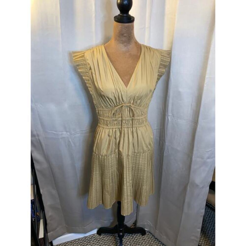 Current Air Los Angeles Anthropologie Dress S Tan Pleated Flutter Sleeve Smocked
